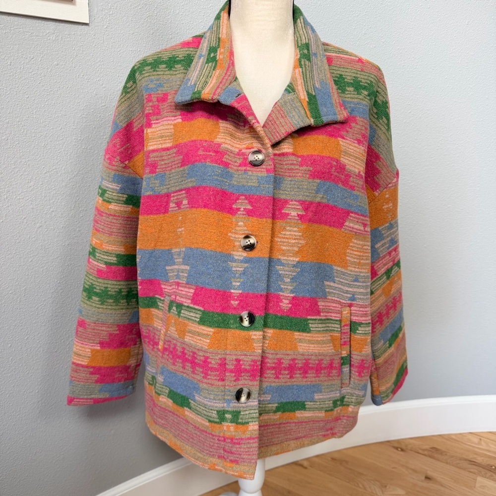 Multicolor Patterned Women's Jacket/Shacket - Bright Stripe Design - Picture 2 of 15
